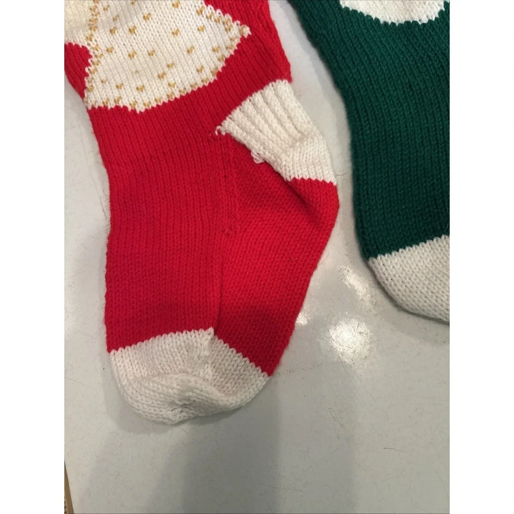 Hand Knit CHRISTMAS Stockings SANTA 3-D Holly and ANGEL‎ 3-D Wings XL 27